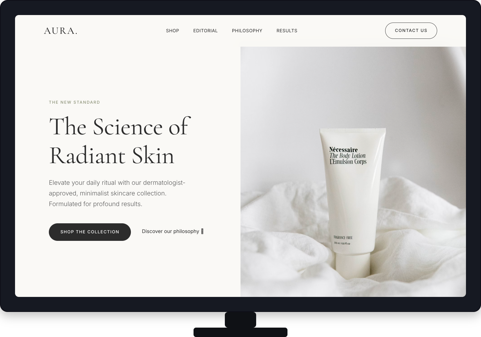 AURA skincare website desktop hero with product presentation and Contact Us action