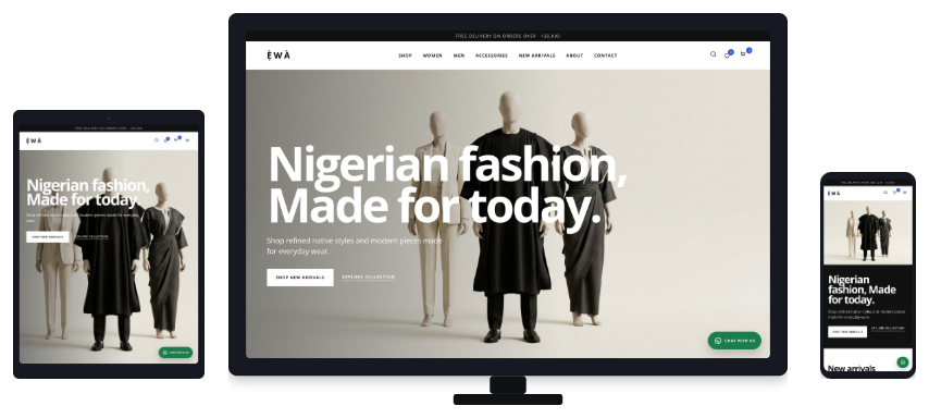 Ewa Fashion e-commerce website shown across desktop, tablet and mobile mockups