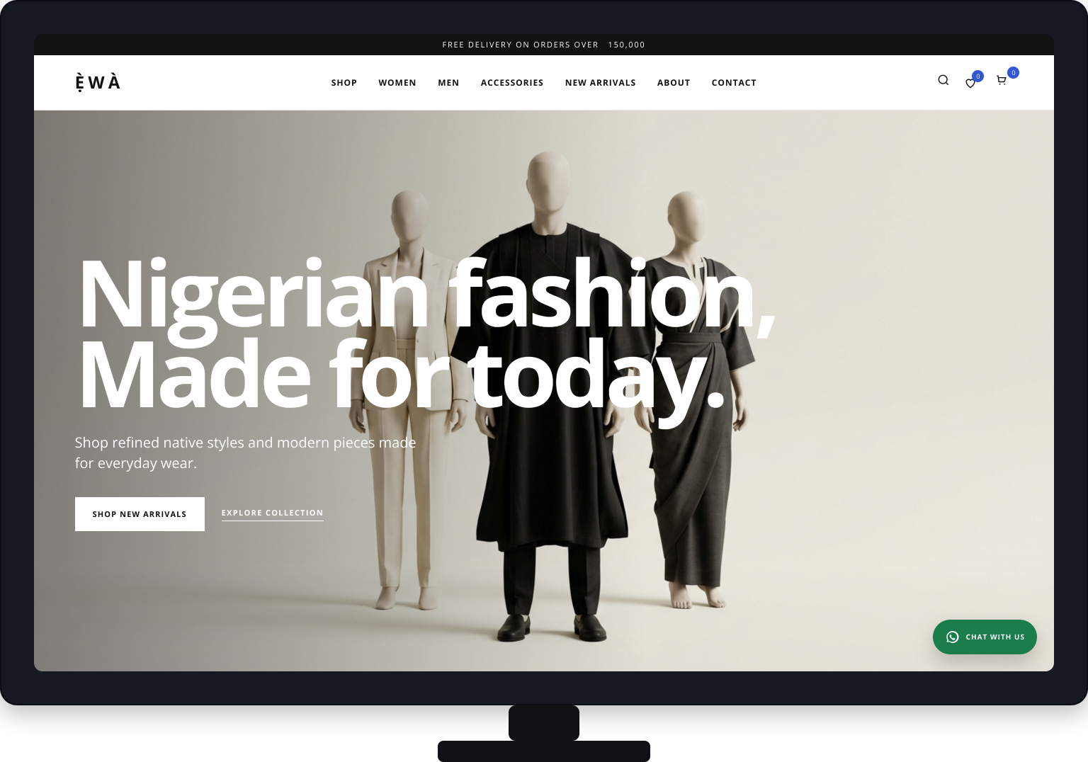Ewa Fashion e-commerce website displayed on a desktop monitor with fashion collection presentation