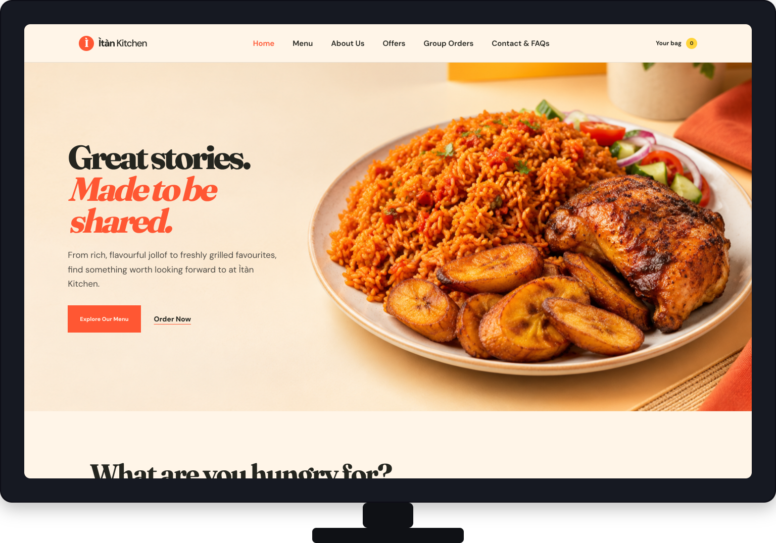 Itan Kitchen restaurant website displayed in a desktop monitor mockup