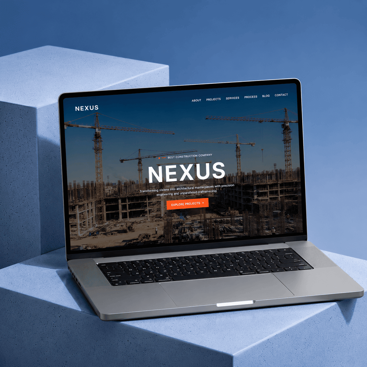 React-built construction company website with hero banner, service highlights, and completed project gallery
