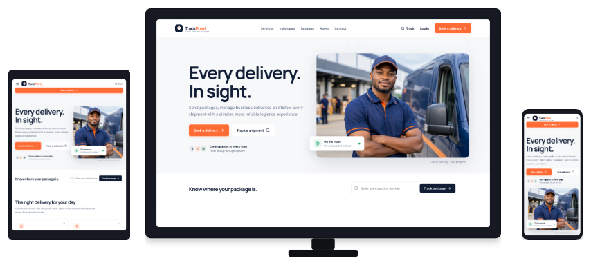 TrackPoint logistics website shown across desktop, tablet and mobile devices