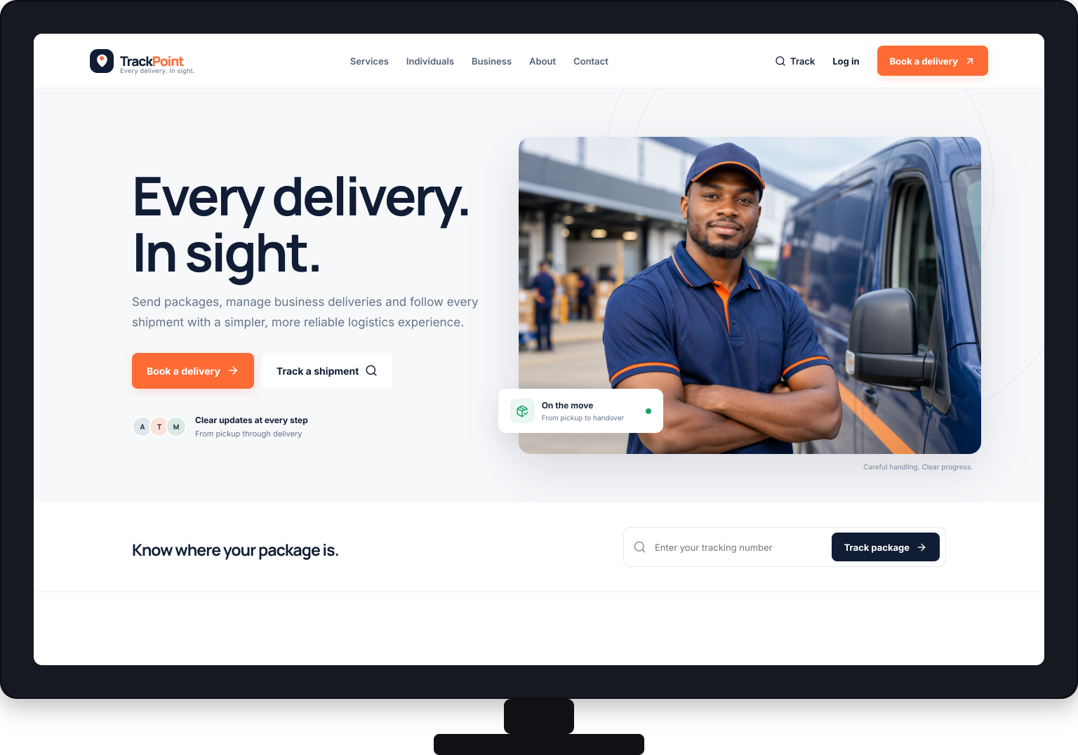 TrackPoint logistics website displayed in a desktop monitor mockup