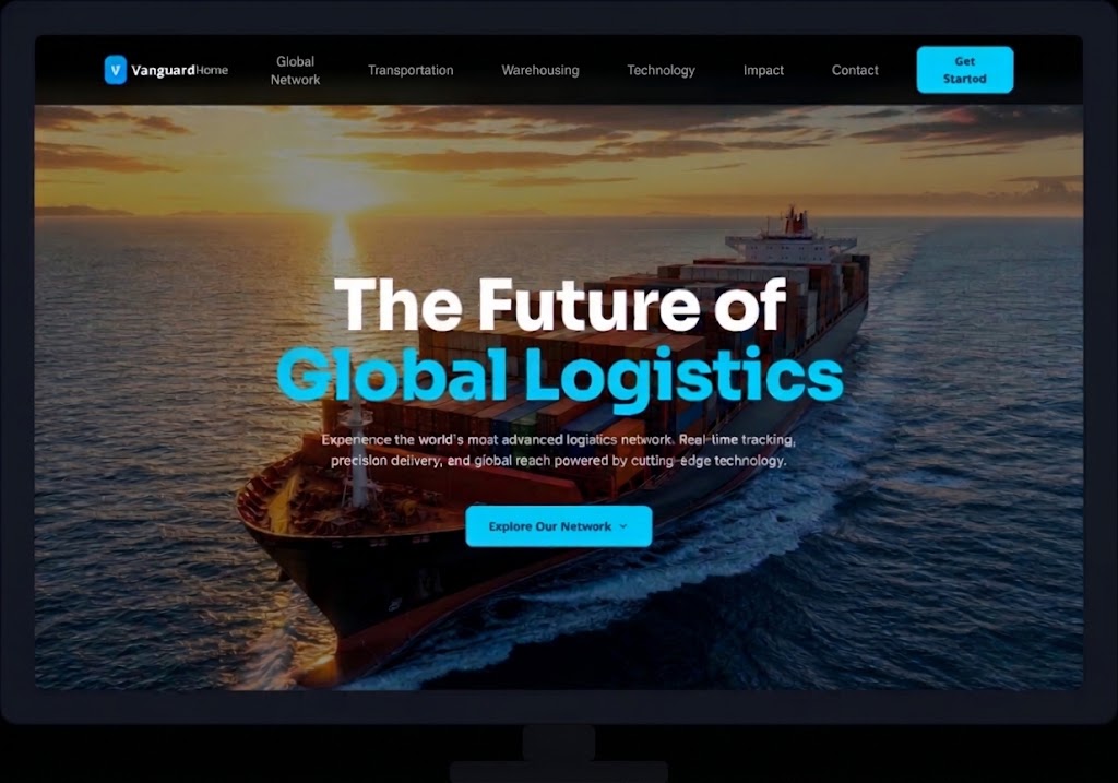 Vanguard Logistics website displayed on a desktop monitor with a global logistics hero section and Get Started call to action